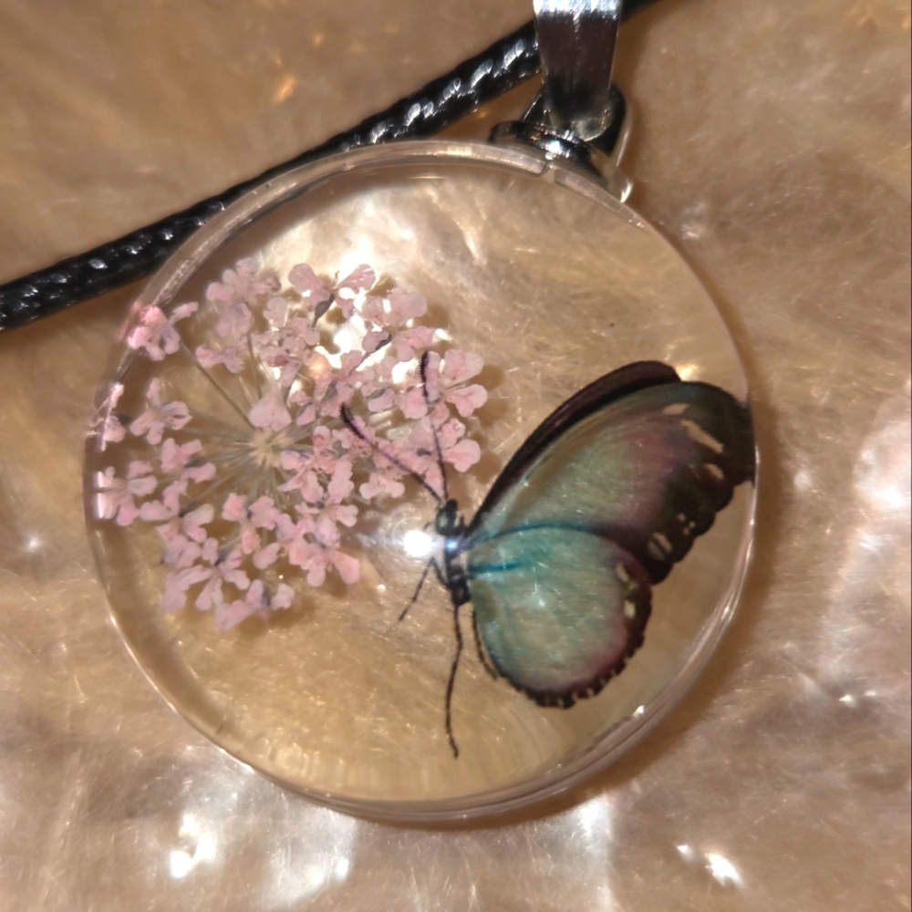Necklace, Butterfly Pendant With A Black Leather Cord